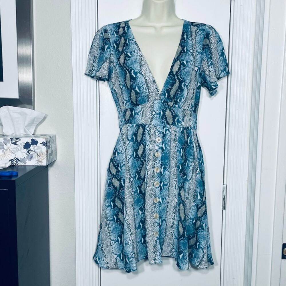 NWOT Buddy Love Blue Snake Print Dress Small Flutter Sleeve Lined CG3089 Alba S